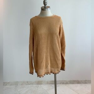 Women's Tan Sweater with Pom-Pom Trim